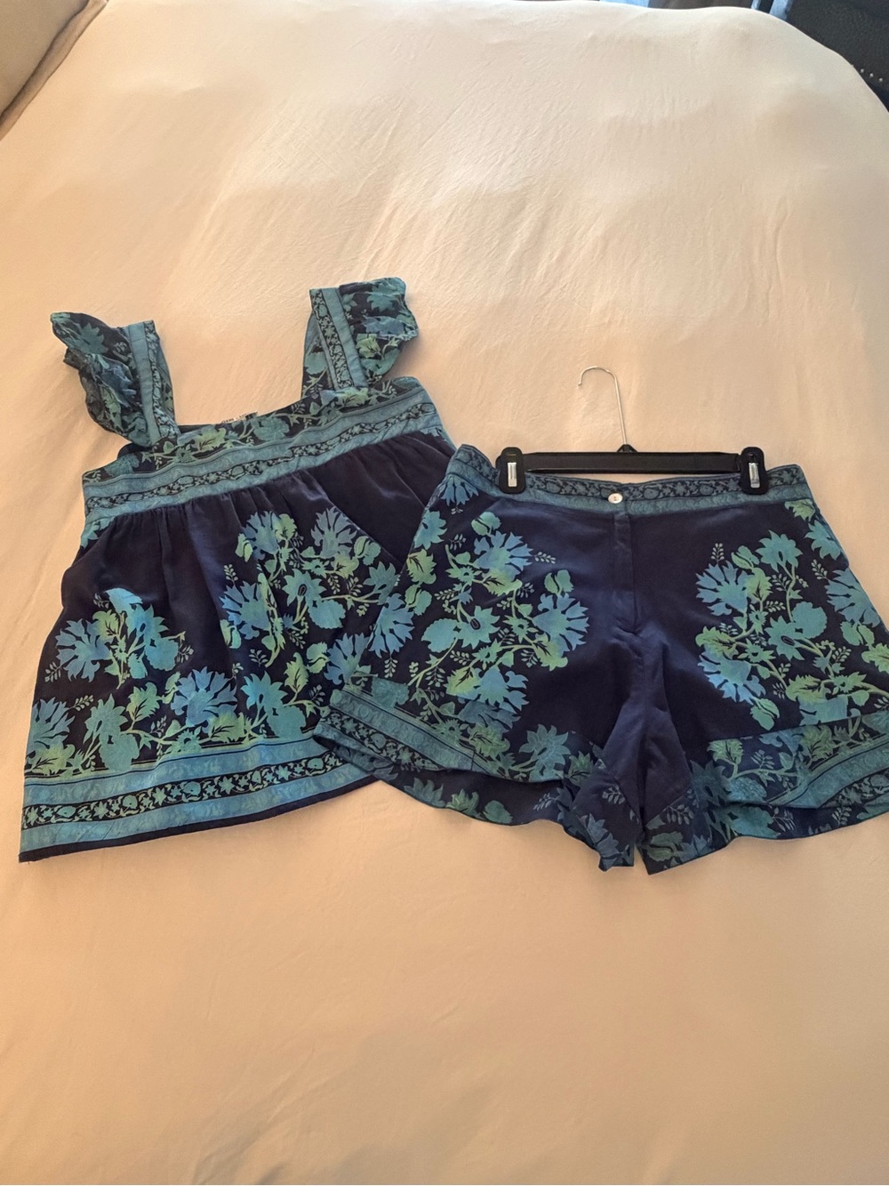 Juliet Dunn Navy top and shorts set with Teal Floral Trim